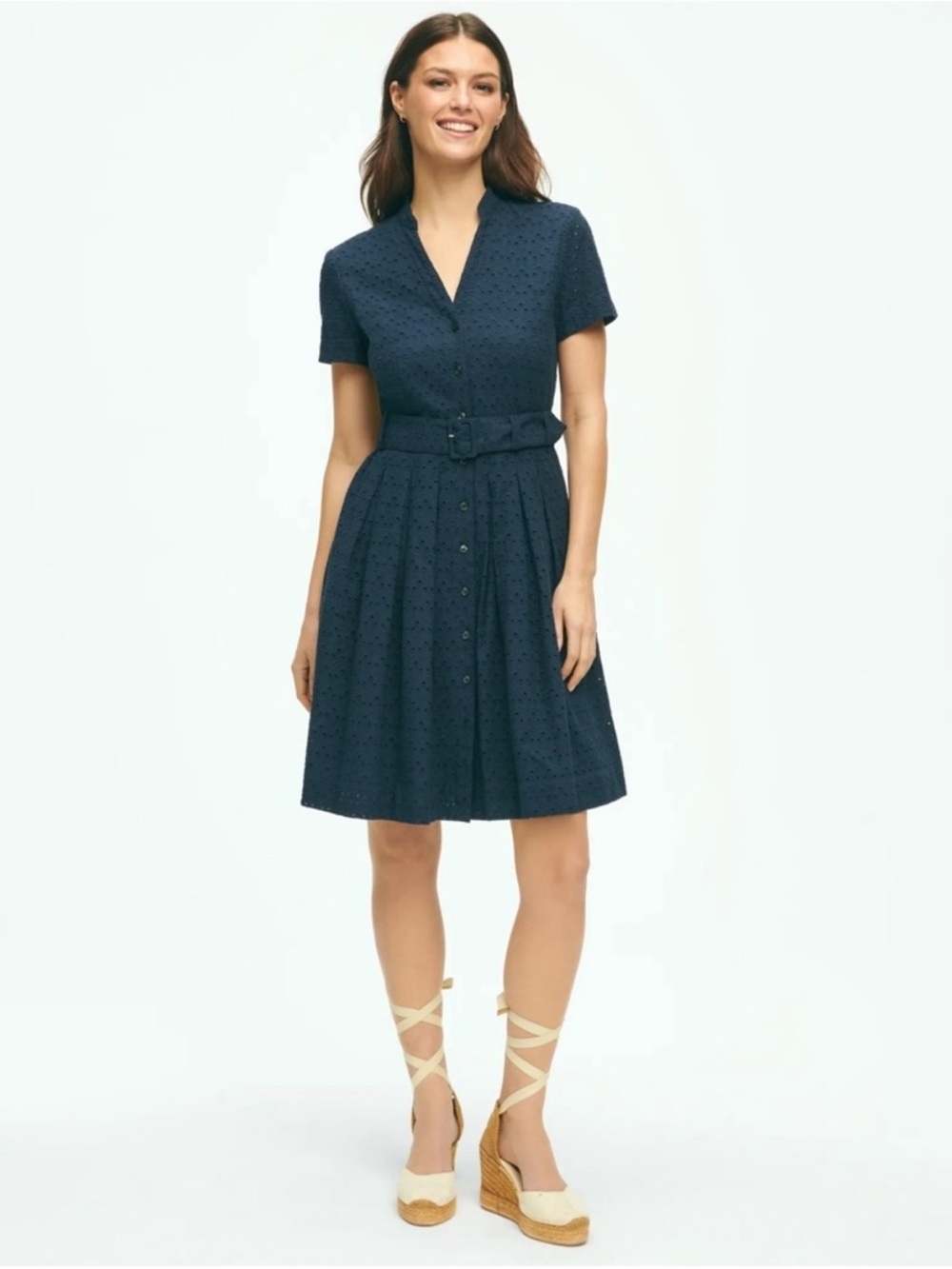 Brooks Brothers Navy Eyelet Shirt Dress with Belt | 8